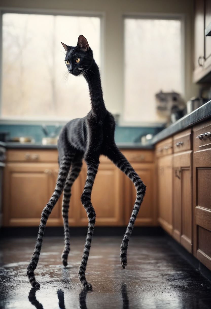 Highly detailed photo of black cat with ((Long legs:1.9)), on kitchen counter, in focus, uhd, 8k, ultra realistic, sunny, high contrast, (cold colors), damp, moist, intricate details, shallow depth of field, [volumetric fog], cinematic lighting, reflections, photographed on a Canon EOS R5, 50mm lens, F/2.8, HDR, 8k resolution, cinematic film still from cyberpunk movie