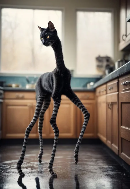 Highly detailed photo of black cat with ((Long legs:1.9)), on kitchen counter, in focus, uhd, 8k, ultra realistic, sunny, high contrast, (cold colors), damp, moist, intricate details, shallow depth of field, [volumetric fog], cinematic lighting, reflections, photographed on a Canon EOS R5, 50mm lens, F/2.8, HDR, 8k resolution, cinematic film still from cyberpunk movie