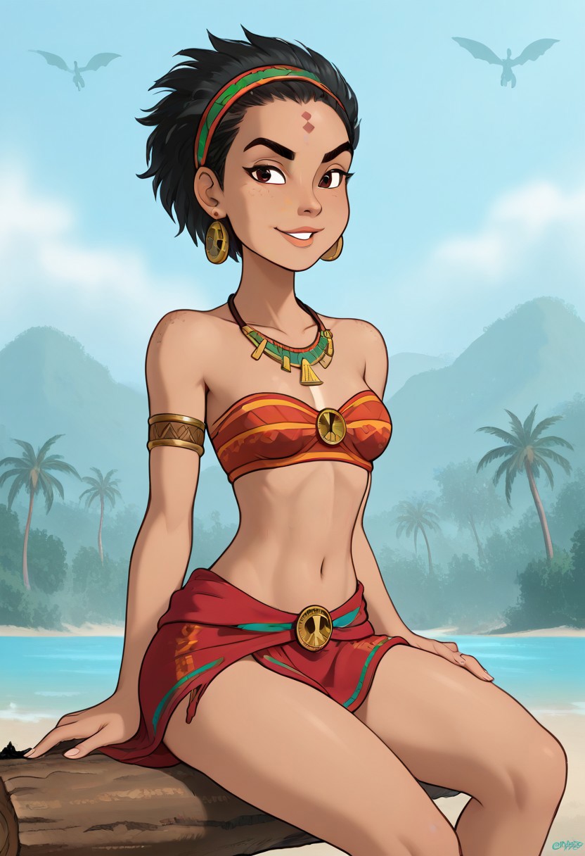 Expressive, score_6_up, score_7_up, score_8_up, score_9. Btimmsketch, harmonious anatomy, (natural beauty:1.1), consistent details. 1girl, tall latina native Mexican girl, 20yo, (body height: 195cm). Angular face, high cheekbones, sharply defined cheekbones, strong square jawline, pointed chin, reflecting her Aztec heritage. Large eyes, almond-shaped eyes, upward tilt at the outer eyes corners, thick eyebrows, straight eyebrows, black eyebrows. Straight nose, wide nose base, curved nose bridge, rounded nose tip. Full, balanced lips with a slightly larger lower lip and natural curvature. Brown skin with warm, earthy undertones. Shaggy short bob hair, straight hair, black hair, cut just below the jawline, thick hair, layered hair for volume, with a natural sheen. ((Hairband with Aztec patterns)), small breasts, narrow waist, narrow hips, long legs, toned thighs, long torso, slightly toned abs, playfull and confident look, with a sly smile. Burgundy bikini, sarong, Aztec patterns print, looking at viewer, sitting on log, legs crossed, on beach, palm trees, vibrant sunset, blue sky.