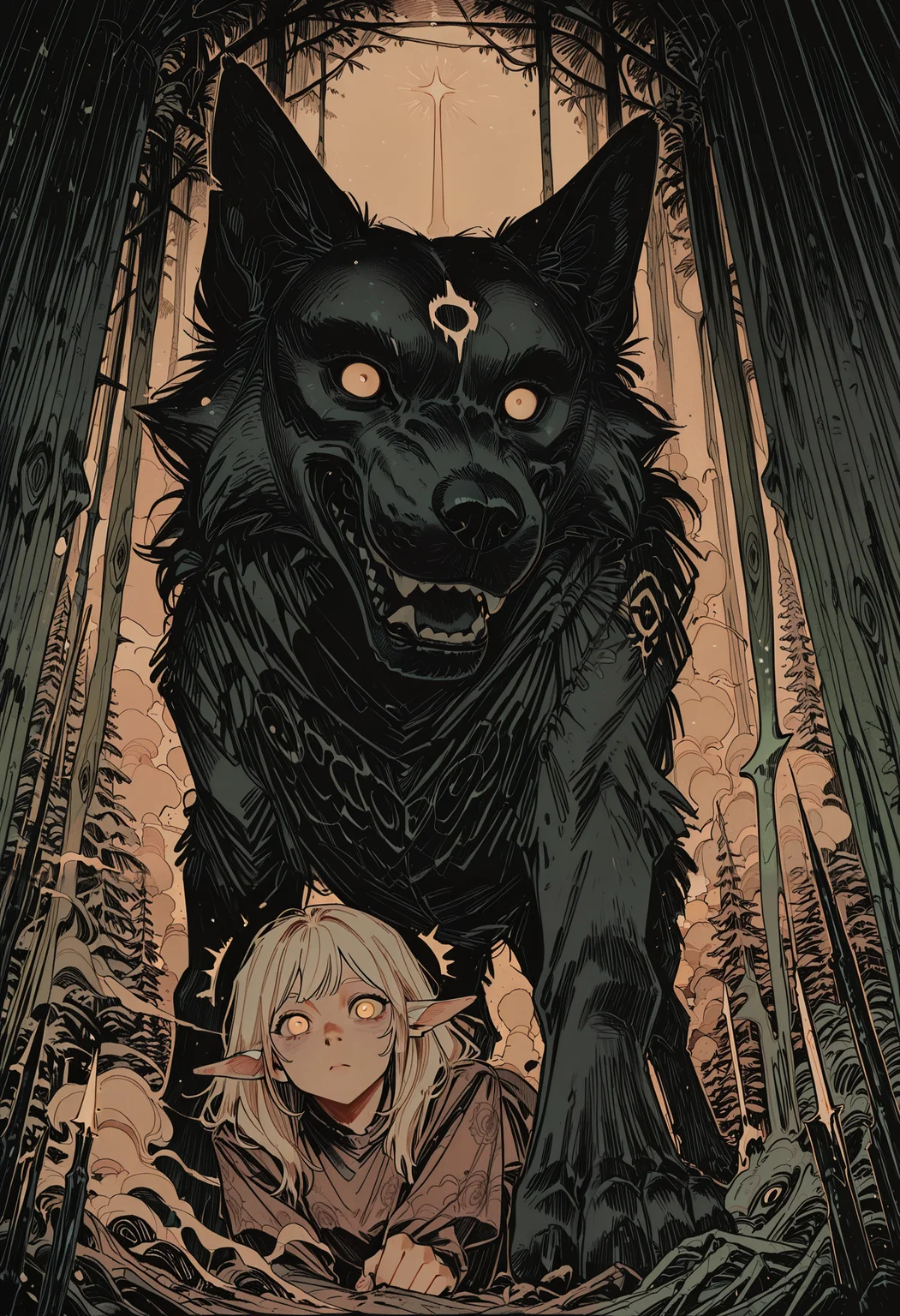 embedding:IllusP0s, codex sss chroma,
masterpiece, best quality, absurdres, high-res, intricate details, dynamic comic style, clean line art, black and white, graphic novel style, hatching, cross-hatching,
1girl (Lamb), 1boy (Wolf), Kindred from League of Legends, Lamb is a beautiful spirit with lamb ears and a serene expression, drawing her spirit bow, glowing arrow nocked, Wolf is a spectral dark wolf mask, swirling around her like smoke, ethereal and menacing, sharp teeth,
in a mystical ancient forest, god rays filtering through the canopy, floating magical particles, dramatic lighting, high contrast,
<lora:Dot Comics:0.8>
