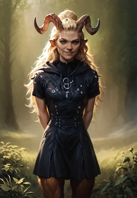 safe_pos, (((beautiful, high quality))), score_9, score_8_up, score_7_up, blonde hair, long hair, hair bun, small breasts, woman, looking at the viewer, dynamic pose, blurred background, in the style of jeff-easley, oil painting, realistic, short sleeves, smirk, black armor, (studded leather armor:1.1), cloak, hood, satyr, faun, horns, animal ears, big horns, skirt, black skirt, hands behind back,