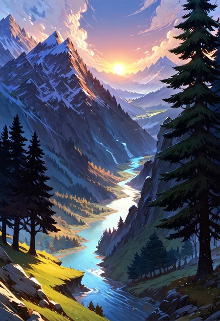 score_9, score_8_up, score_7_up, masterpiece, landscape, trees, sun, forest, mountains, river, epiCPhoto