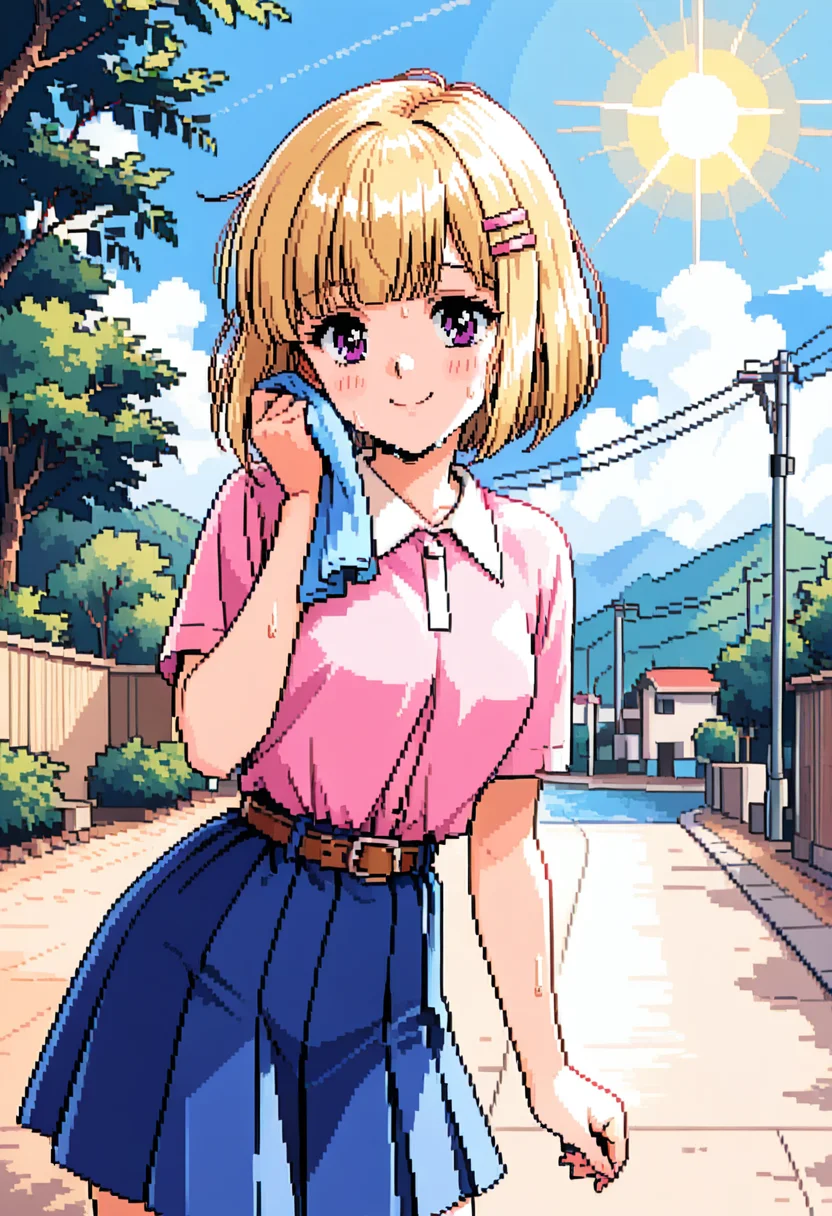 <lora:tomoyo3:0.8>1girl,t0m0y0,short hair,blunt bangs,blonde hair,pink shirt,collared shirt,hairclip,belt,blue skirt,short sleeves, sweat, wiping sweat,solo,pose,smile,sun,day,retro artstyle,pixel art, very awa, masterpiece, best quality, amazing quality, very aesthetic, absurdres, sensitive, newest <lora:spo_sdxl_10ep_4k-data_lora_webui:0.7>,