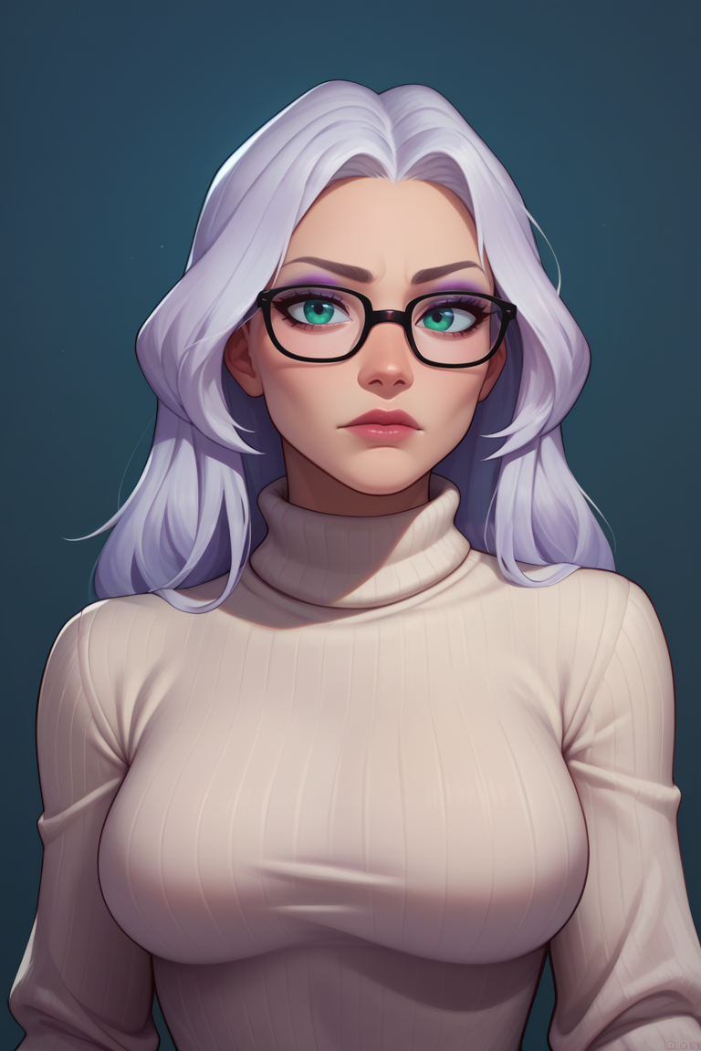 score_9, score_8_up, score_7_up, BREAK, 1girl, solo, breasts,  <lora:taarna-guy-PONYv1:.9>, taarna, white hair, makeup, turtleneck sweater, glasses, upper body, portrait,