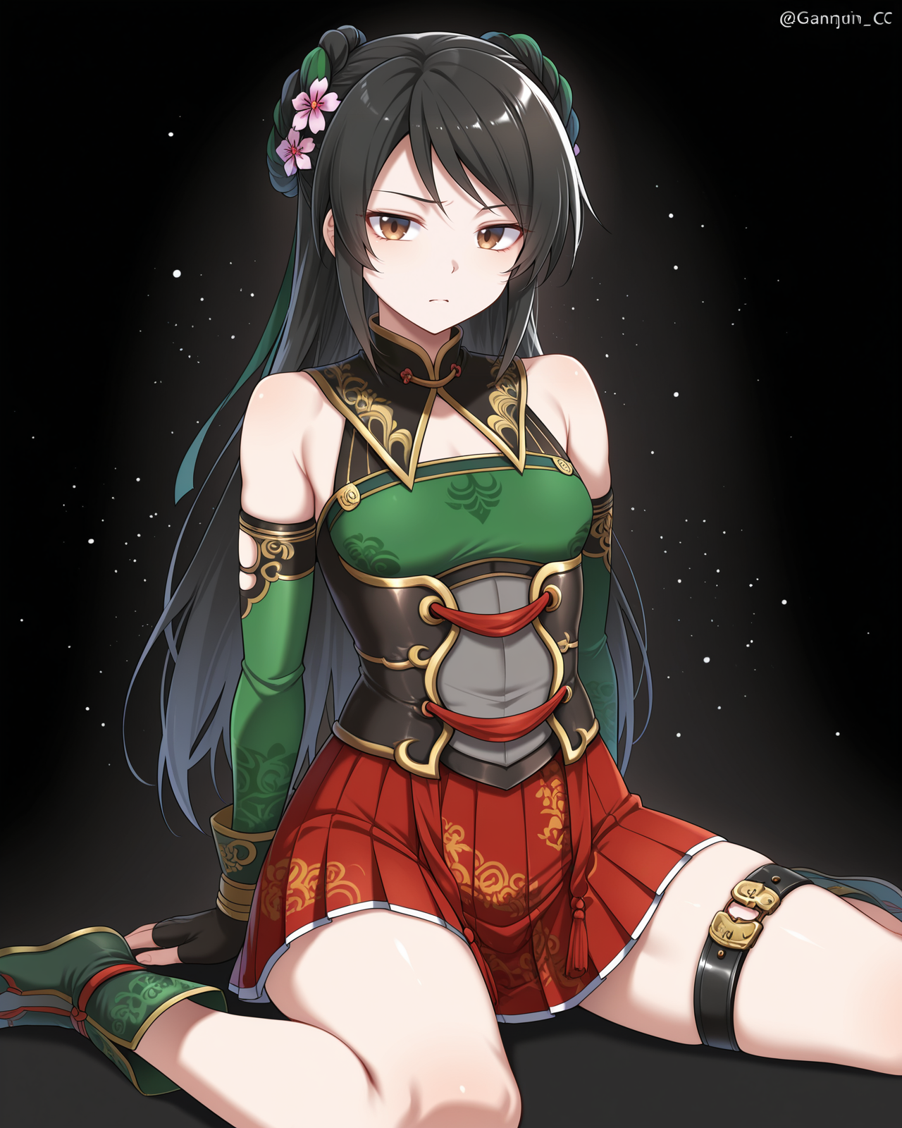 masterpiece,best quality,amazing quality, (by e.o.:0.7), (by chiharu \(9654784\):0.4), (by racoon-kun.:0.4),
1girl, solo, 
<lora:GuanYinping_Illustrious>, Guan Yinping, black hair, brown eyes, small breasts, hair flower, green shirt, detached sleeves, black collar, corset, red skirt, fingerless gloves, thigh belt, green boots,
simple background, black background, particles,