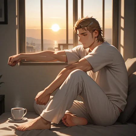 masterpiece, best quality, amazing quality, absurdres, newest, detailed background, definition so sharp, Ultra-HD, 8K cinematic, very awa, impressionate, amazing quality, highres,
solo, male focus, manly, shadow, shiny skin,
ekusoushizumu, ekusou_brunette, ekusou_orange eyes, 1boy, short hair, sideburns, stubble, morning, sunrise_light, coffee, tea_cup, barefoot, pajamas, stretching, soft_light, peaceful_morning, calm_start, window_light, minimalist_setting, fresh_air