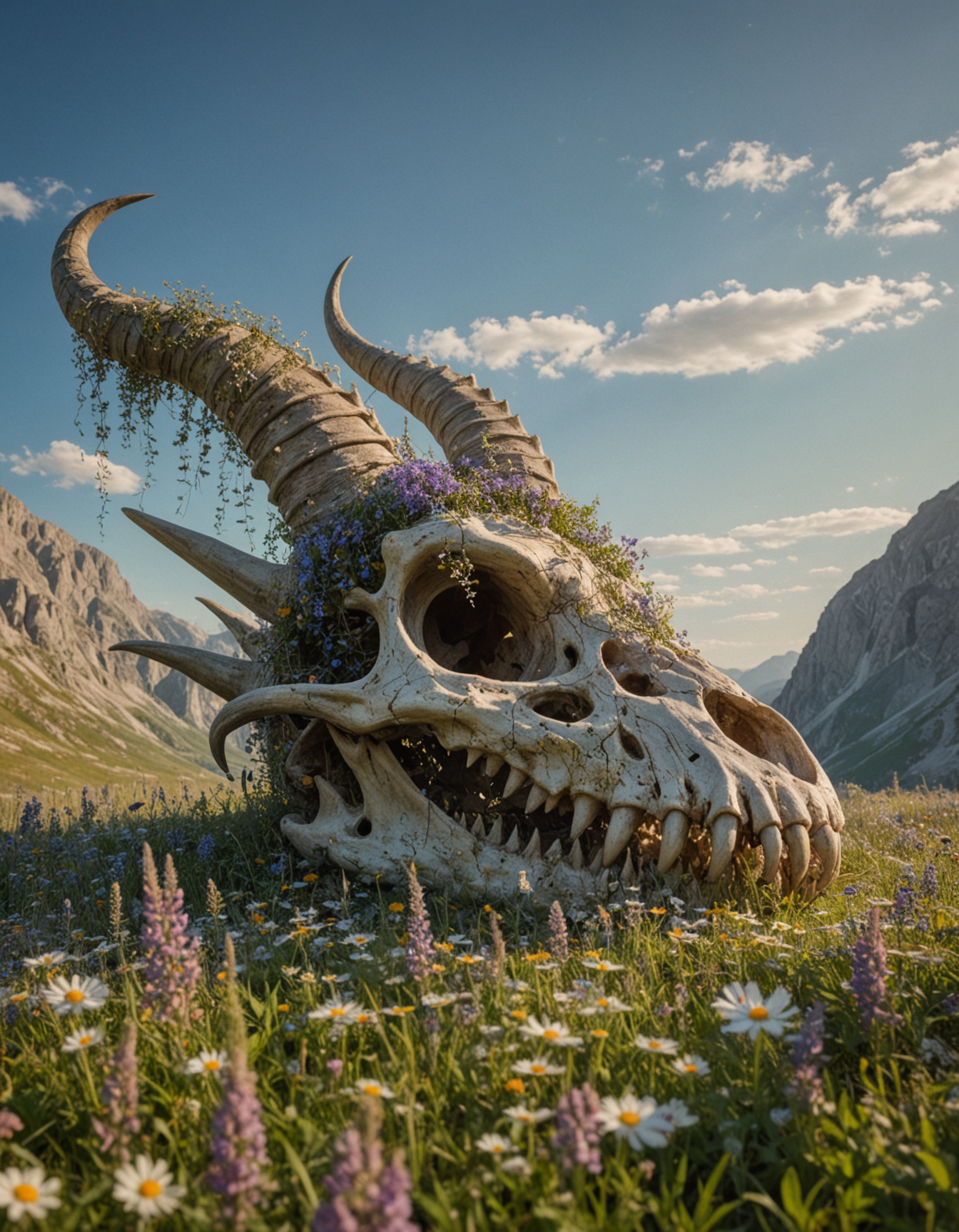 In a serene sunlit meadow filled with vibrant wildflowers, a massive dragon skull lies partially buried, the skull's formidable horns stretch upward, adorned with climbing vines and blooming flowers, The intricate details of the skullâs structure with large hollow eye sockets and sharp teeth, The soft hills and distant mountains under a clear blue sky provide a peaceful backdrop