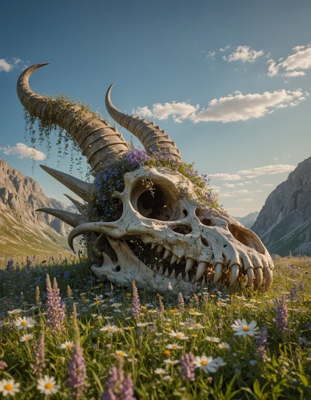 In a serene sunlit meadow filled with vibrant wildflowers, a massive dragon skull lies partially buried, the skull's formidable horns stretch upward, adorned with climbing vines and blooming flowers, The intricate details of the skullâs structure with large hollow eye sockets and sharp teeth, The soft hills and distant mountains under a clear blue sky provide a peaceful backdrop
