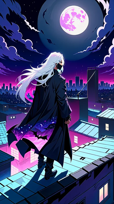 masterpiece, best quality, ultra high res, extreme detailed, colorful, highest detailed, visually stunning, by dino 1girl, cowboy shot, the charismatic rogue( looks to the viewer:1.6) as he moves between the roofs of the city wrapped in his tattered black robes and his (strong shadow magic:1.4), moonlight, long white hair, vaporwave