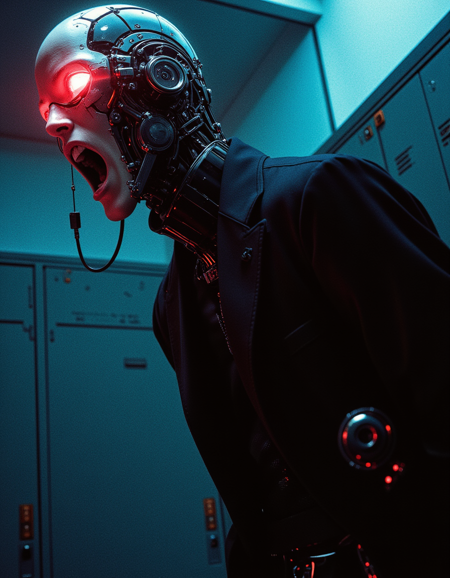 A realistic, athletic cyborg man, fully dressed in a black suit, large electronic lenses with red lights inside his head implanted in place of his eyes (a communication wire in his ear), with a black walkie-talkie and a short antenna in his hand, leaned towards us (looking at us). Bottom view.. ((locker room, dressing room, fitting room)), ((very low camera angle)),, bent over, ((mouth open in surprise)), upset, angry, hidden camera, hidden security camera, voyeur, turns away from the viewer .., 

, sharp focus, stark lighting, medium-format camera, art by Helmut Newton, fashion photography, high-contrast, dramatic lighting, striking composition, confident and empowered woman, strong and assertive pose, fashion, sensuality, high end clothing, luxury accessories,dynamic pose, bdsm props,,

igiex.  
.. 
. The background is minimalist, a gradient of shadowy blue tones, amplifying the ethereal and futuristic ambiance of the scene. The overall composition feels cinematic, blending high fashion with a science fiction aesthetic. . Exquisite cyberpunk. retroFuturism. . 
 (Depth of field), low saturation,detail. mythp0rt Stylish, charismatic.

(depth of field)
mythp0rt,
nigiex.  
