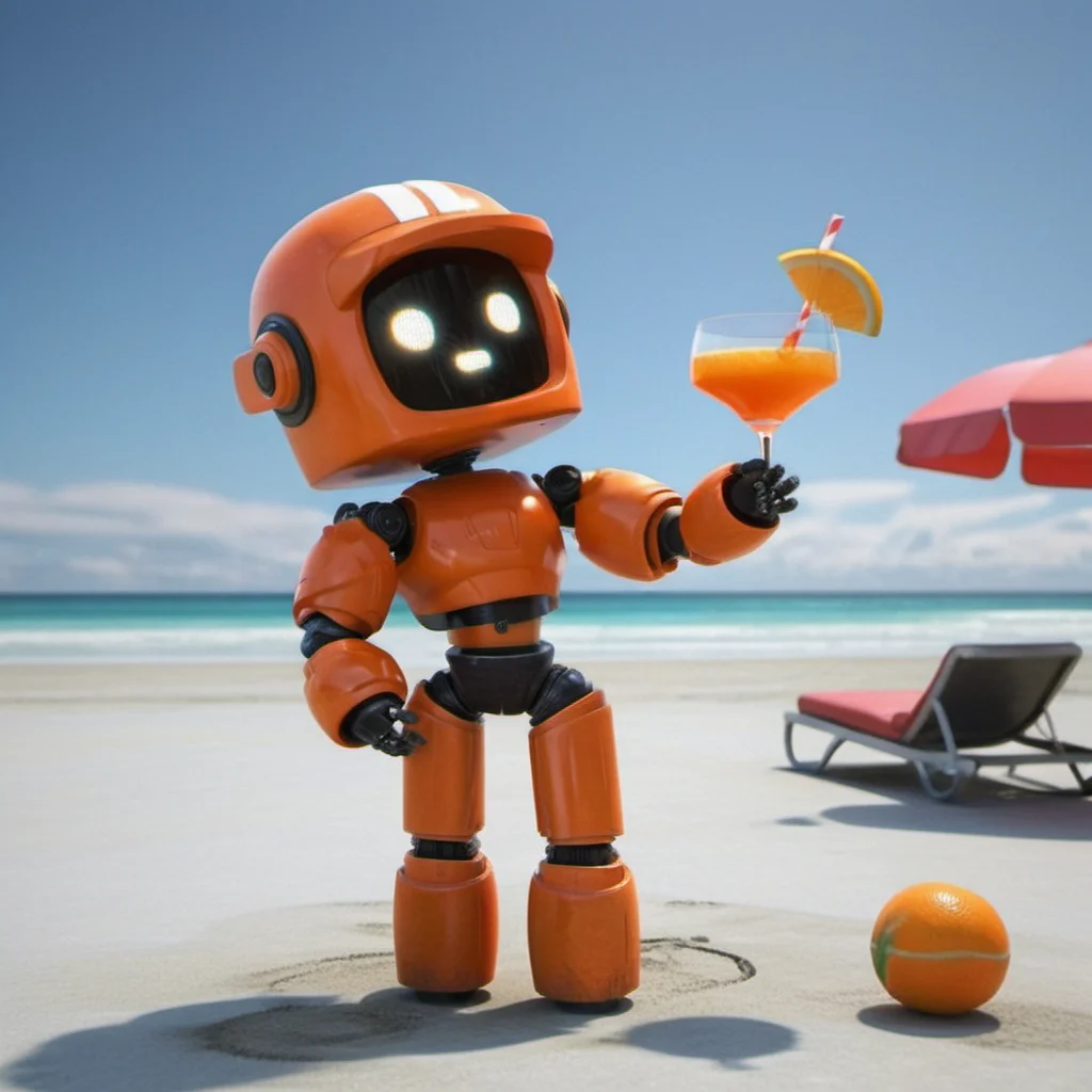 an orange robot, having a cocktail on a beach, crashed airplaine background, highly detailed, photography, ultra sharp, film, professional, 64k <lora:add-detail-xl:1.5> <lora:Orange Robot1024:0.7>