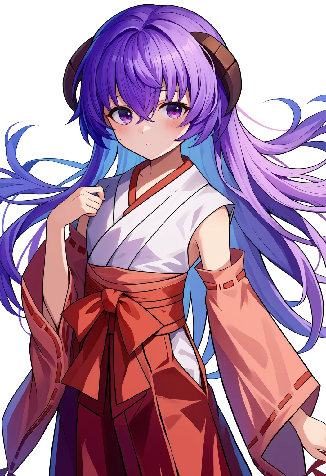 score_9, score_8_up, score_7_up, source_anime, Hanyuu, japanese clothes, long hair, 1girl, detached sleeves, horns, solo, purple hair, hakama, white background, hakama skirt, red hakama, miko, skirt, purple eyes, looking at viewer, simple background, hair between eyes, ribbon-trimmed sleeves, blush, kimono, standing, wide sleeves, long sleeves, ribbon trim, bangs, floating hair, shiny hair <lora:Hanyuupony-000003:1>