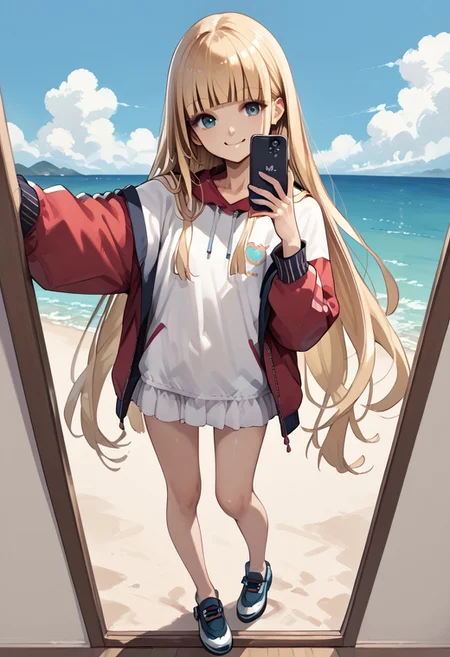 score_9, score_8_up, score_7_up, score_6_up, score_9, score_8_up, Sana Kashimura, 1girl, blonde hair, blunt bangs, full body, long hair, smile, solo, iphone selfie POV, very long hair, swimsuit, at the beach