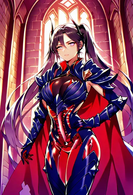 masterpiece, best quality, 1girl, solo, horns, red body, see-through body, skeleton, zzMona, grey eyes, hair between eyes, black hair, hair ornament, long hair, purple hair, twintails, very long hair, armor, breastplate, shoulder armor, gauntlets, thigh boots, high heels, cape, looking at viewer, hand on hip, cowboy shot, indoors, castle, stone walls
