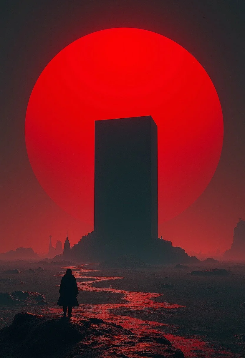 wallpaper with kubrick monolith, red sphere