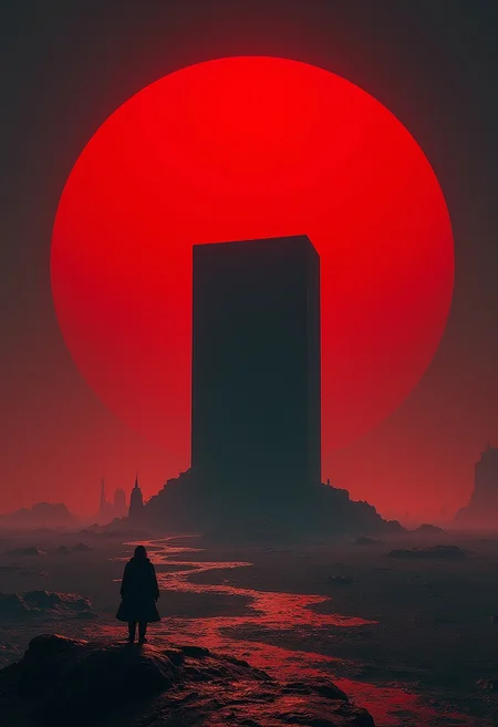 wallpaper with kubrick monolith, red sphere