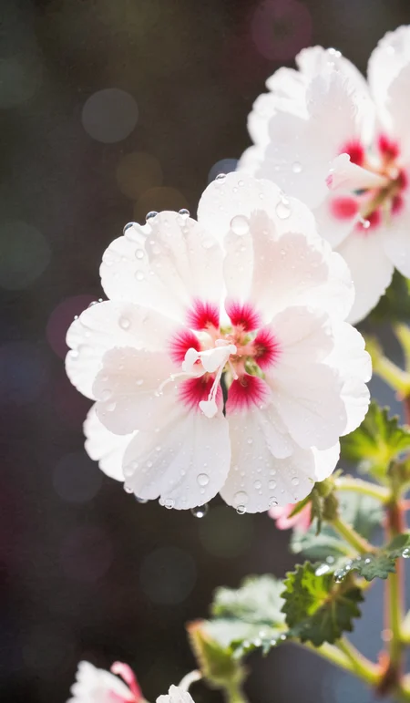 simple white pink geranium flowers in drops of water, macro, closeup, selective focus. Dramatic unusual scene. Beauty world. Retro filter and vintage style. Instagram toning effect, breathtaking photograph, lensflare and bokeh effects, heavy film grain, shot on kodachrome with post-processing artifacts, reflecting particle effects, slight double exposure