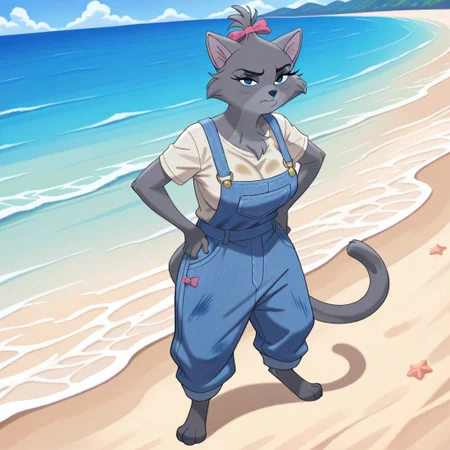 Zelda(TFaTH2), Solo, 1girl, anthro, furry female, cat, cat girl, gray fur, blue eyes, eyelashes, black nose, cat tail, pink bow, hair bow, looking at viewer, full body, day, frowning, standing, hands on hips, dirty white shirt, blue patchy overalls, large breasts, beach setting,