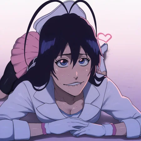 score_9,score_8_up,score_7_up, BREAK 1girl, 1boy, BREAK solo, lying on stomach, big ass, wide hips, sweat, sweaty, dynamic view, pink and white background, biting lip, d-art, licking ass cheeks, Giselle Gewelle, black hair, long hair, antenna hair, blue eyes, white dress, double breasted, collarbone, black leggings, white footwear, boots, bambietta_basterbine, black hair, long hair, hair between eyes, white peaked cap, white gloves, white jacket, white skirt, black belt, heart belt buckle, white boots, pink clothing accents