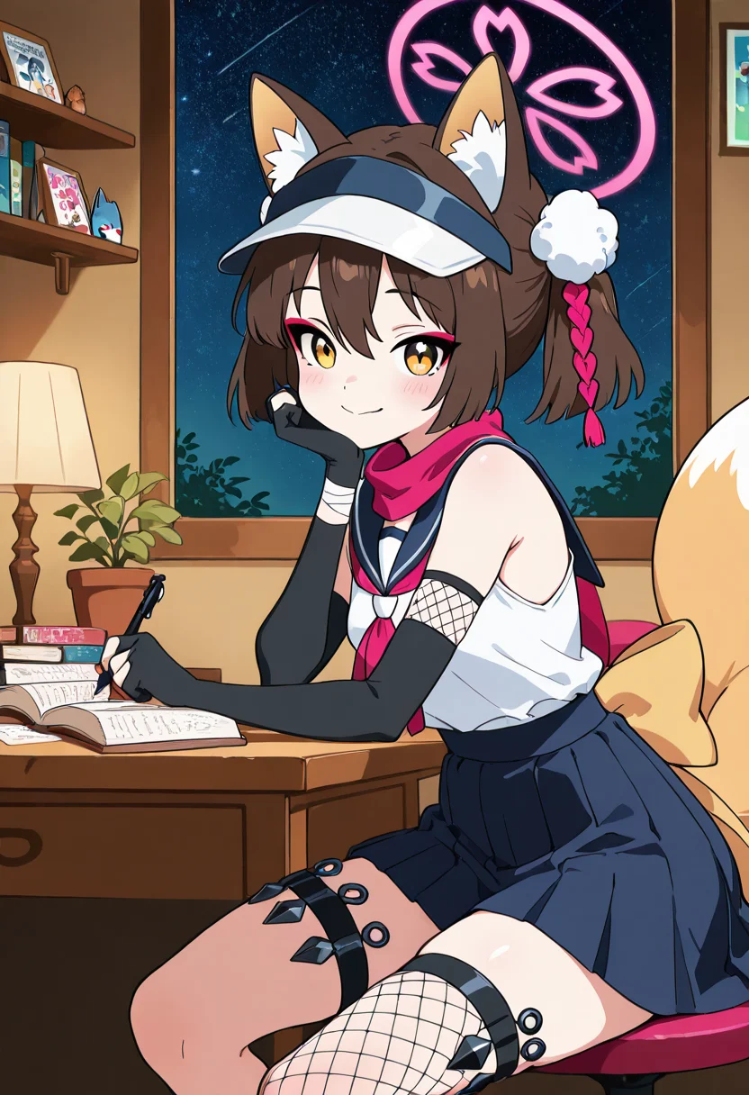 masterpiece, best quality, solo, curvy, beautiful eyes, narrow waist, wide hips, 1girl, solo, smile, looking at viewer,   zzIzuna, yellow eyes, fox ears, eyeshadow, hair between eyes, animal ear fluff, brown hair, hair ornament, medium hair, pink halo, pom pom hair ornament,  visor cap, black gloves, fishnet thighhighs, japanese clothes, neckerchief, partially fingerless gloves, pleated skirt, sailor collar, serafuku, single thighhigh, blue skirt, floral print, kunai, sleeveless, thigh holster, eyeshadow, pink scarf, shirt, hadanugi dousa, ninja, red scarf, wide sleeves,  <lora:KudaIzunaBlueArchive_IXL_v1:1.0>,  , zzLofi, sitting, side view, desk, chair, book, bookshelf, head rest, holding, holding pen, lamp, night, open book, pen, plant, potted plant, sky, star (sky), starry sky, window, windowsill, writing, <lora:LofiGirl_Style_IXL:0.8>,