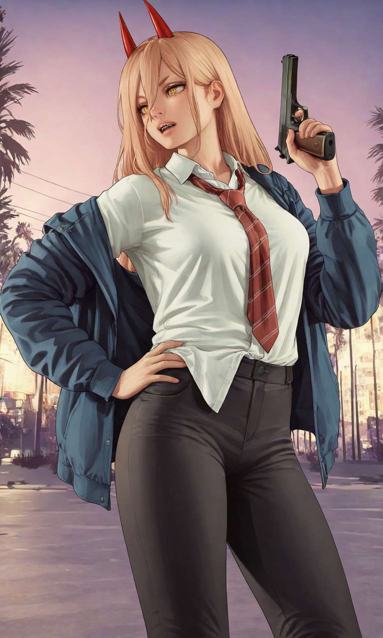 embedding:IllusP0s, GTAV5LS-ILV1.0, power_\(chainsaw_man\), horns, yellow eyes, sharp teeth, parted lip, white shirt, blue jacket, (off-shoulder:0.5), red tie, half untucked shirt, black pants, hand on own hips, contrast lighting, outdoors, night, parted lips, holding handgun,<lora:GTAV5-Loading-IL-000012.safetensors:1.0:1.0>
