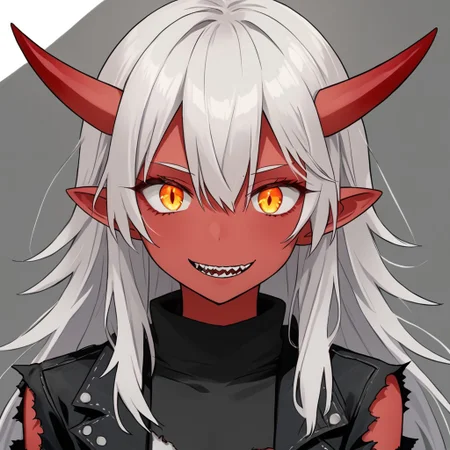 solo, long_hair, orange_hair, 1girl, hair_between_eyes, smiling, sharp_tooth, red_skin, short elf ears, small oni horns white/red ,black ripped jacket, no sleeves, short black ripped jeans,
