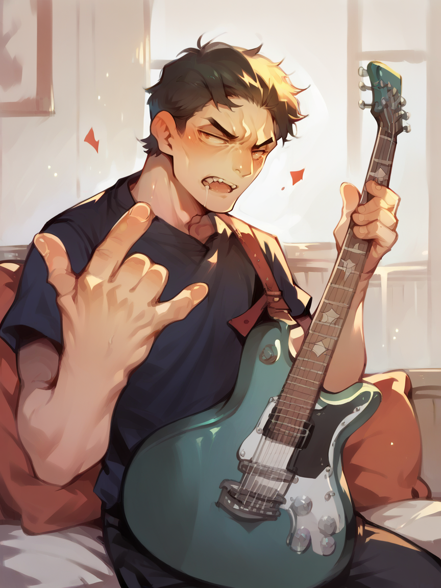 score_9, score_8_up, score_7_up, score_6_up, score_5_up,  <lora:r0ck0n:1> \m/, r0ck0n pose, 1boy, guitar,  <lora:su1zXLP:1> su1z