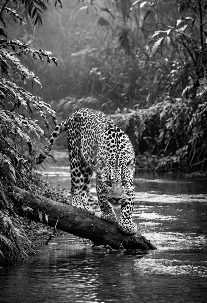 a (black and white:1.5) photo of a leopard, in the jungle, drinking at the at the edge of a river, at dusk, dense jungle forest, dramatic lights, shallow depth of field, blurred background, extreme details, intricate details, 8k, 35mm photo, photorealism, realistic photo, national geographic style, masterpiece, film photography style
