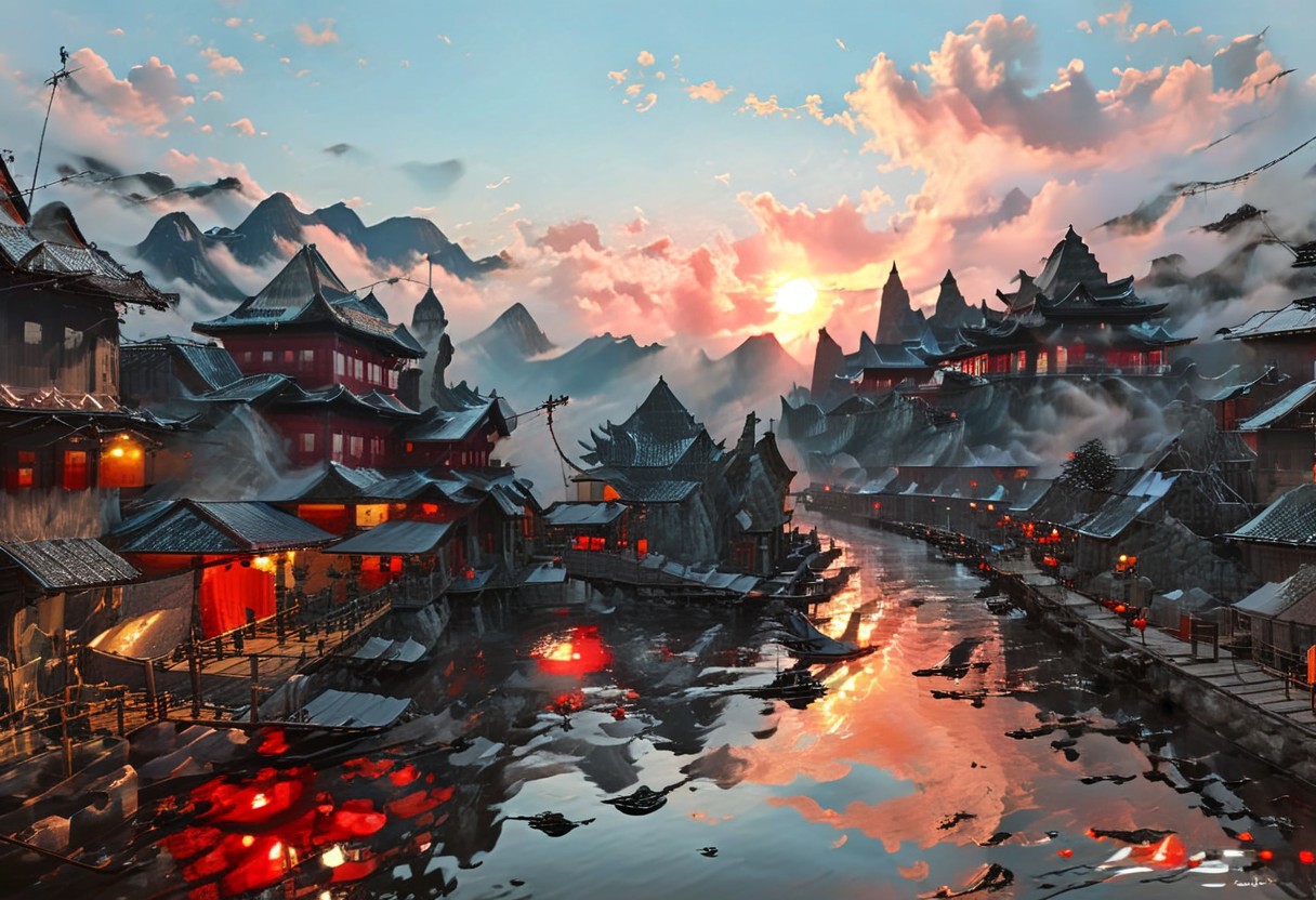 ((score_9, score_8_up, score_7_up, score_6_up)), ((Masterpiece)), (((Ha Long Bay, Halong Bay, inlay myanmar))), Photorealistic, India Model, detailed, perfect, perfection, dioramas, watercraft, lake, chinese meticulous ink, panorama landscape, dioramas, architecture, ships, wharf, sea, river, pier, chimney, cloud, town, house, water, ((blood-red sunset, large sun, volumetric lighting, god rays)), ((Lake water reflecting red light)), dracula japan village, Japan, enchanted fortress and fortified castle, above the clouds, mystical atmosphere, detailed stone and wood walls, bloody mist swirls around, weibo, drawing, formal, black hair, devil horns, double halo, hunter eyes, holding finger to lips, shush, intimidating retro 90's, red, black, science fiction, a dark sky lit by the glow of distant moons and neon lights. rockpunk, yoji shinkawa, James Jean, Ayami Kojima, village, <lora:EnvyPanoramaXL01:0.5>, Hand, detailed, perfect, perfection, hands, India Model, Beautiful, Photorealistic, chinese meticulous ink, illustration