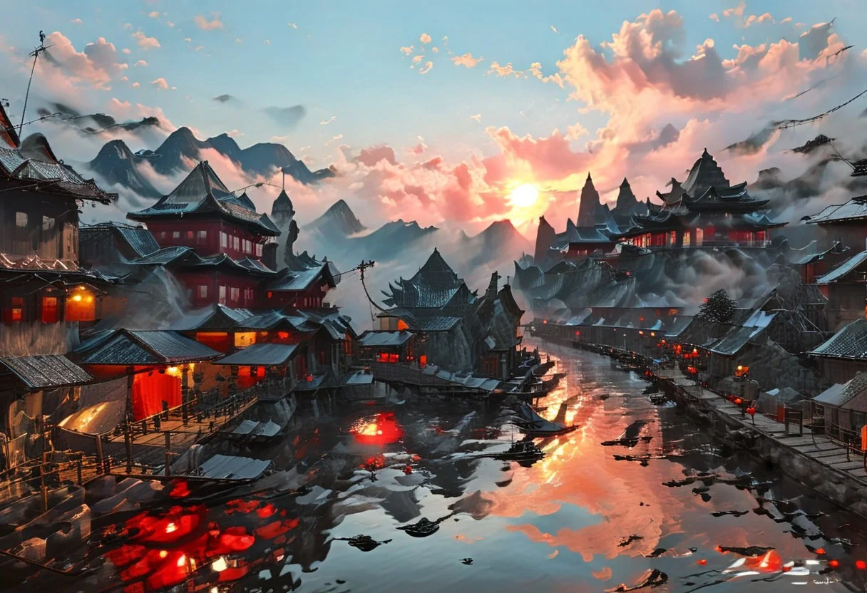 ((score_9, score_8_up, score_7_up, score_6_up)), ((Masterpiece)), (((Ha Long Bay, Halong Bay, inlay myanmar))), Photorealistic, India Model, detailed, perfect, perfection, dioramas, watercraft, lake, chinese meticulous ink, panorama landscape, dioramas, architecture, ships, wharf, sea, river, pier, chimney, cloud, town, house, water, ((blood-red sunset, large sun, volumetric lighting, god rays)), ((Lake water reflecting red light)), dracula japan village, Japan, enchanted fortress and fortified castle, above the clouds, mystical atmosphere, detailed stone and wood walls, bloody mist swirls around, weibo, drawing, formal, black hair, devil horns, double halo, hunter eyes, holding finger to lips, shush, intimidating retro 90's, red, black, science fiction, a dark sky lit by the glow of distant moons and neon lights. rockpunk, yoji shinkawa, James Jean, Ayami Kojima, village, <lora:EnvyPanoramaXL01:0.5>, Hand, detailed, perfect, perfection, hands, India Model, Beautiful, Photorealistic, chinese meticulous ink, illustration