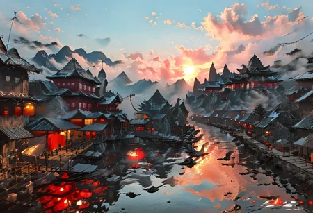 ((score_9, score_8_up, score_7_up, score_6_up)), ((Masterpiece)), (((Ha Long Bay, Halong Bay, inlay myanmar))), Photorealistic, India Model, detailed, perfect, perfection, dioramas, watercraft, lake, chinese meticulous ink, panorama landscape, dioramas, architecture, ships, wharf, sea, river, pier, chimney, cloud, town, house, water, ((blood-red sunset, large sun, volumetric lighting, god rays)), ((Lake water reflecting red light)), dracula japan village, Japan, enchanted fortress and fortified castle, above the clouds, mystical atmosphere, detailed stone and wood walls, bloody mist swirls around, weibo, drawing, formal, black hair, devil horns, double halo, hunter eyes, holding finger to lips, shush, intimidating retro 90's, red, black, science fiction, a dark sky lit by the glow of distant moons and neon lights. rockpunk, yoji shinkawa, James Jean, Ayami Kojima, village, <lora:EnvyPanoramaXL01:0.5>, Hand, detailed, perfect, perfection, hands, India Model, Beautiful, Photorealistic, chinese meticulous ink, illustration
