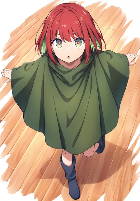 highres,absurdres,masterpiece,best quality,<lora:MeMaXL4 Type D:1>,solo,1girl,poncho,short hair,colored inner hair,red hair,green hair,multicolored eyes,red eyes,green eyes,full body,from above,standing on one leg,pose,:o,looking at viewer,white background,wooden floor,