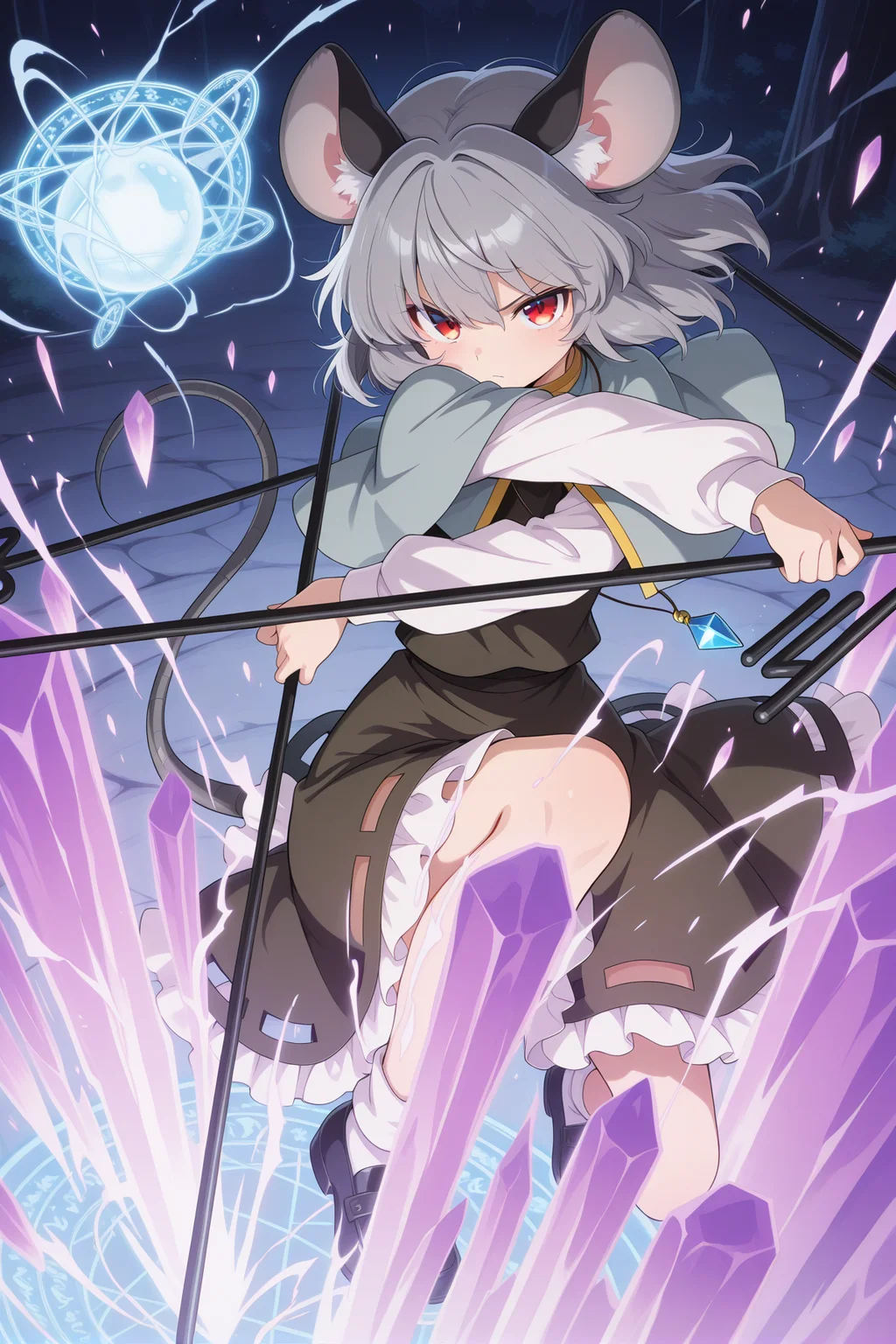 absurdres, highres, masterpiece, best quality, amazing quality, official anime artwork, screencap, anime screencap, looking at viewer, serious,
<lora:Nazrin_illustrious:1> nazrin, 1girl, solo, red eyes, grey hair, short hair, mouse ears, mouse tail,, pendant, grey capelet, brown dress, long sleeves, white sleeves, white socks, black footwear,
danmaku, dowsing rod, magic circle,