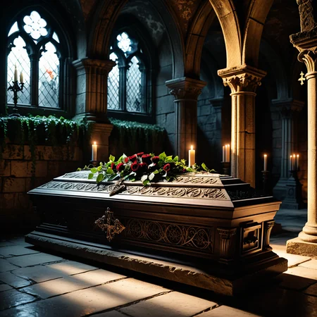 horror-themed A dramatic and atmospheric photograph of the interior of an ancient crypt, dimly lit by flickering candlelight. The crypt features old, cracked stone walls covered in moss and ivy, with intricate carvings and Gothic details etched into the stone. At the center of the crypt lies an ornate vampire coffin, made of dark, polished wood with silver and gold inlays, adorned with ancient symbols and intricate Gothic patterns. The coffin is slightly ajar, revealing a glimpse of red velvet lining. Surrounding the coffin are scattered bones, dusty cobwebs, and antique candelabras with melting candles, casting eerie shadows across the crypt. The mood is dark, mysterious, and hauntingly beautiful, with subtle rays of pale moonlight filtering through a small, broken stained-glass window.
<lora:SDXLFaeTastic2400:0.4> <lora:extremely_detailed:0.4> extremely detailed,, eerie, unsettling, dark, spooky, suspenseful, grim, highly detailed, Masterpiece,best quality,hi res,8k,hi res,8k,award winning,(sharp focus, intricate, highly detailed),