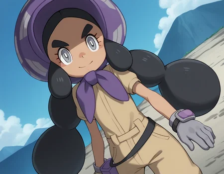 score_9, score_8_up, score_7_up, source_anime,
pokemonhapu, <lora:pokemon-hapu-ponyxl-lora-nochekaiser:1>,
hapu, long hair, black hair, twintails, dark skin, dark-skinned female, grey eyes, thick eyebrows, bright pupils, white pupils,
gloves, short sleeves, belt, black belt, purple headwear, bonnet, grey gloves, jumpsuit,
outdoors, landscape, bent over, smile,
looking at viewer, solo, cowboy shot, dutch angle,