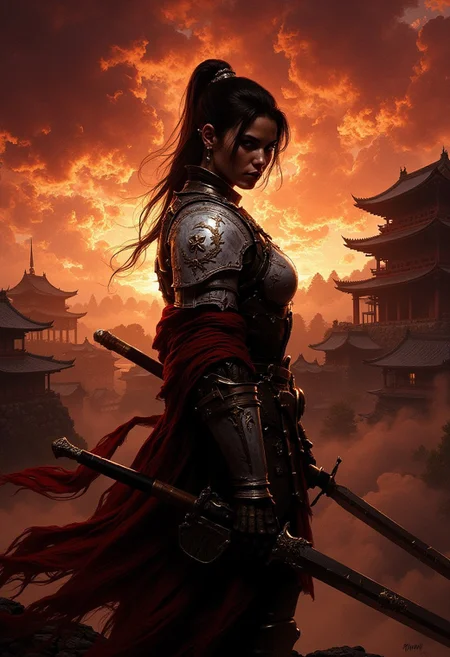 detailed renaissance oil painting, masterpiece, FredFraiStyle, portrait of female japanese knight, chiascuro, silhouetted, white plate and red leather armor, weapons, directional lighting, masterpiece, perfect composition, perfect hands, viewed from side, turning to look at viewer, Japanese castle grounds at sunset