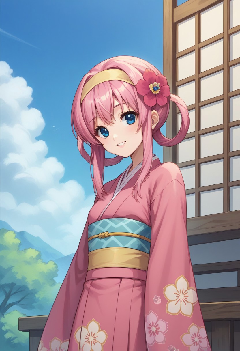 score_9, score_8_up, score_7_up, source_anime, highly detailed, 
sherlockshellinford, 1girl, japanese clothes, pink hair, solo, kimono blue eyes, pink kimono, sash, obi, smile, floral print, hair ornament, looking at viewer, wide sleeves, hairband, flower, standing, hair rings,
hair flower, sidelocks, :d, long sleeves, upper body,
outdoor, sky