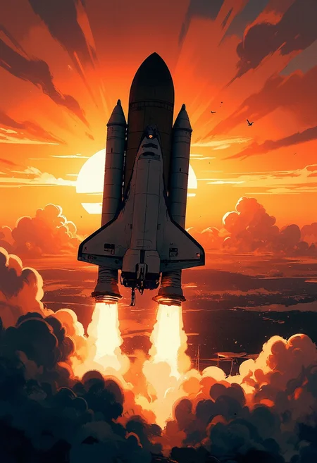 Mh1$AgThS2, intricate linework with expressive contrasts, soft lighting with dynamic highlights, image of space shuttle taking off from Cape Canaveral, silhouetted at sunset, chiascuro