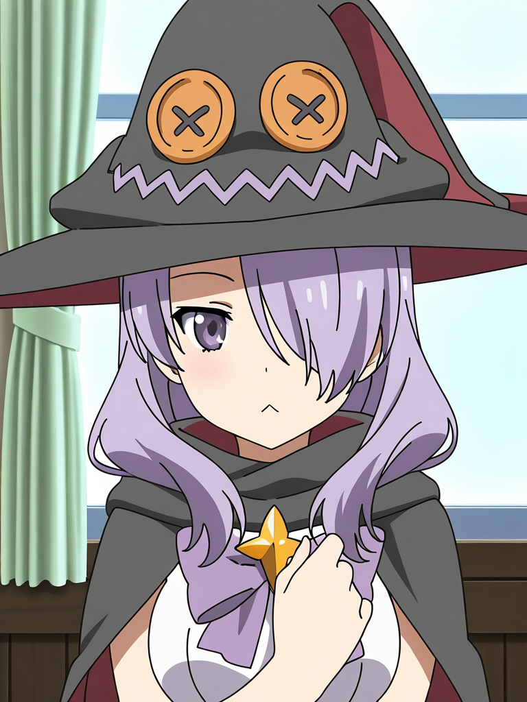 general,highres, ultra-detailed,very aesthetic,best quality ,best hands,  BREAK <lora:Nanako_Houkago_no_Pleiades_IS:1>Nanako(Pleiades), 1girl, purple hair, hair over one eye, purple eyes, long hair, breasts, anime coloring, Nanako(Pleiades), hat, witch hat, solo, :<, witch hat, looking at viewer, closed mouth, upper body, purple bow, black hat,
room, window, curtain.