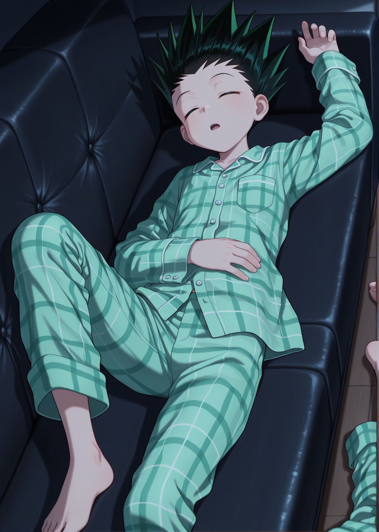 masterpiece, best quality, absurdres, amazing quality, 1boy, solo,  <lora:IlluGon-000010:1> illugon, black hair, green hair, spiked hair,  closed eyes, sleeping, plaid pajamas, dark room, on couch, barefoot, open mouth, messy sleeper, on back, knee up, arm up,
