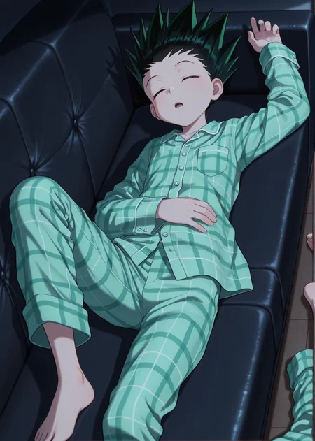 masterpiece, best quality, absurdres, amazing quality, 1boy, solo, <lora:IlluGon-000010:1> illugon, black hair, green hair, spiked hair, closed eyes, sleeping, plaid pajamas, dark room, on couch, barefoot, open mouth, messy sleeper, on back, knee up, arm up,