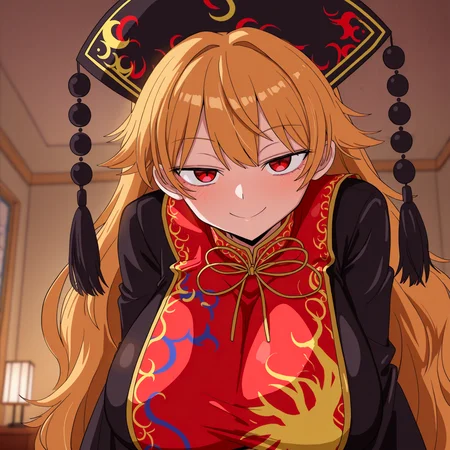 masterpiece, best quality, 1girl, (junko \(touhou\):1.4), bent_over, huge breasts, (aroused, smile:1.2), jitome, indoors, looking at viewer, upper body, (masterpiece, best quality, amazing quality, very aesthetic, absurdres, colorful, anime coloring:1.1) <lora:suppai_ILXL_t4:1>