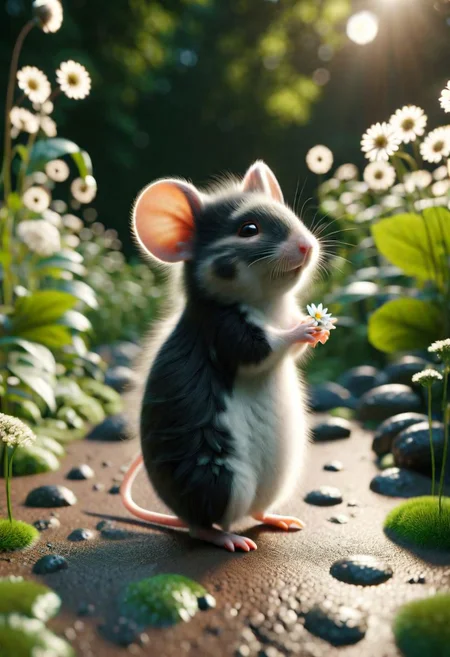 ral-fluff,<lora:ral-fluff:1>,
chibi,masterpiece,best quality,original,official art,black metallic fantasy mice,hat,flower,blurred background,rendering,beautiful detailed glow,(detailed ice),beautiful detailed water,sunny, blurred flower, happy, stand in Front of Hause