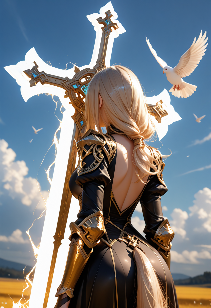 masterpiece, best quality, good quality, very awa, very aesthetic, absurdres,1girl, upper body shot, giant holy sword focus, combat pose, dynamic pose, Evil rococo woman, wearing a golden and white Regency dress, long blond dove ponytail, giant holy sword, the giant crucifix sword as blue and golden mystical holy energy, rococo style, long blond pony tail, hyper stylize, trending on art station , hkstyle, diagonal shot, background particle glass destruction spiral all around, .Break., sureal heavenly golden background cloud HEAVEN ,mark,film grain, midnight, high definition, superimposition, unreal, abstract, stuff of love, pure creature, blur, impossible geometry, film grain, , solarpunk dreamscape, best quality masterpiece, dynamic angle, incredible, Anoncondability, Omnipowerfulimpertinent elemental, CyberSpelunking , heaven, primordial, masterpiece, best quality, highres, HDR, ultra-detailed, extremely detailed CG unity 8k wallpaper, perfect artwork,