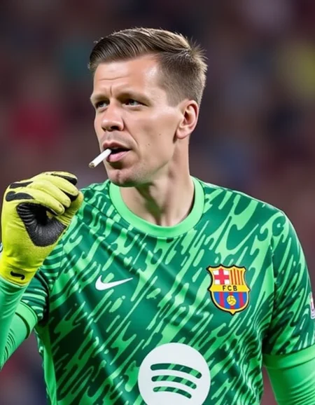 <lora:wojtek-szczesny-000004:1> wojtek szczesny in goal with a cigarette in his mouth, barcelona team. green golkeeper outfit