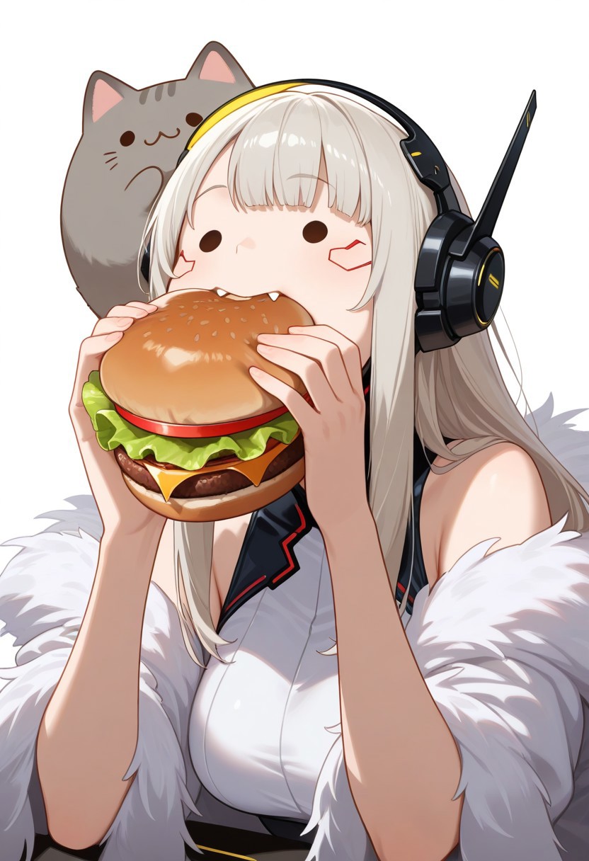 (masterpiece, best quality, high quality, highres), very awa, highres, absurdres,
(solo:1.2), (Pusheen:0.8), solid circle eyes, skin_fangs, 
(eating burger:1.1), 
(cyberpunk head gear:0.9), 
feather_boa, 
simple white background
