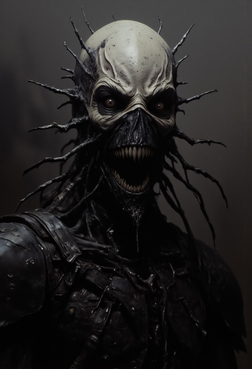 highly detailed and hyper realistic and dynamic. This is a high-quality digital illustration with a dark, gothic aesthetic. The subject is a bald, pale-skinned male with a menacing grin, showcasing sharp, crooked teeth. He wears a grotesque, black, metallic, insect-like mask with long, spindly legs extending from the sides. The background is a gradient of dark gray to black, creating a stark contrast with the subject. The image has a high depth of field, keeping both the subject and background in sharp focus. The style is reminiscent of horror or dark fantasy art. The aesthetic quality is very high, with meticulous detail and dramatic lighting emphasizing the eerie, unsettling nature of the character.
