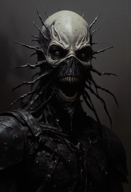 highly detailed and hyper realistic and dynamic. This is a high-quality digital illustration with a dark, gothic aesthetic. The subject is a bald, pale-skinned male with a menacing grin, showcasing sharp, crooked teeth. He wears a grotesque, black, metallic, insect-like mask with long, spindly legs extending from the sides. The background is a gradient of dark gray to black, creating a stark contrast with the subject. The image has a high depth of field, keeping both the subject and background in sharp focus. The style is reminiscent of horror or dark fantasy art. The aesthetic quality is very high, with meticulous detail and dramatic lighting emphasizing the eerie, unsettling nature of the character.