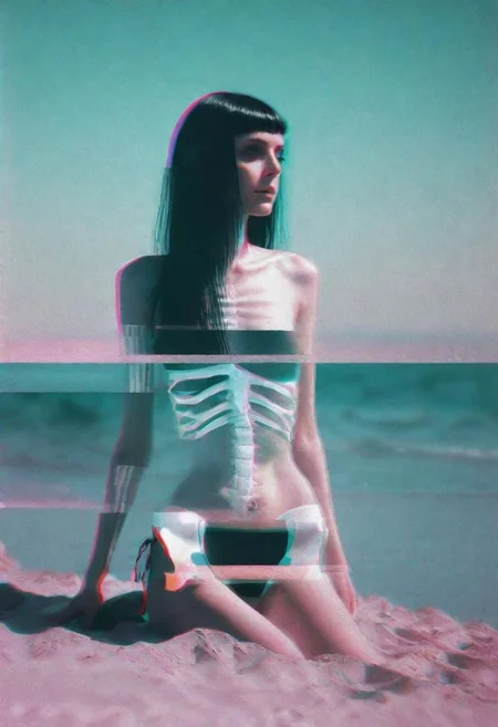 hyper realism, IR photo, light leaks, (split screen overlay , x-ray view:1.3), double exposure, (glitched image:1.2), a glitched out beautiful goth bikini model relaxing on a sunny beach, pixelation, sinusoidal distortions, screen tear, post modern deconstruction, molecular view, vibrational spiral signals, (overlay, split screen image:1.1), abstractions, experimental, professional, highly detailed, thought-provoking masterpiece