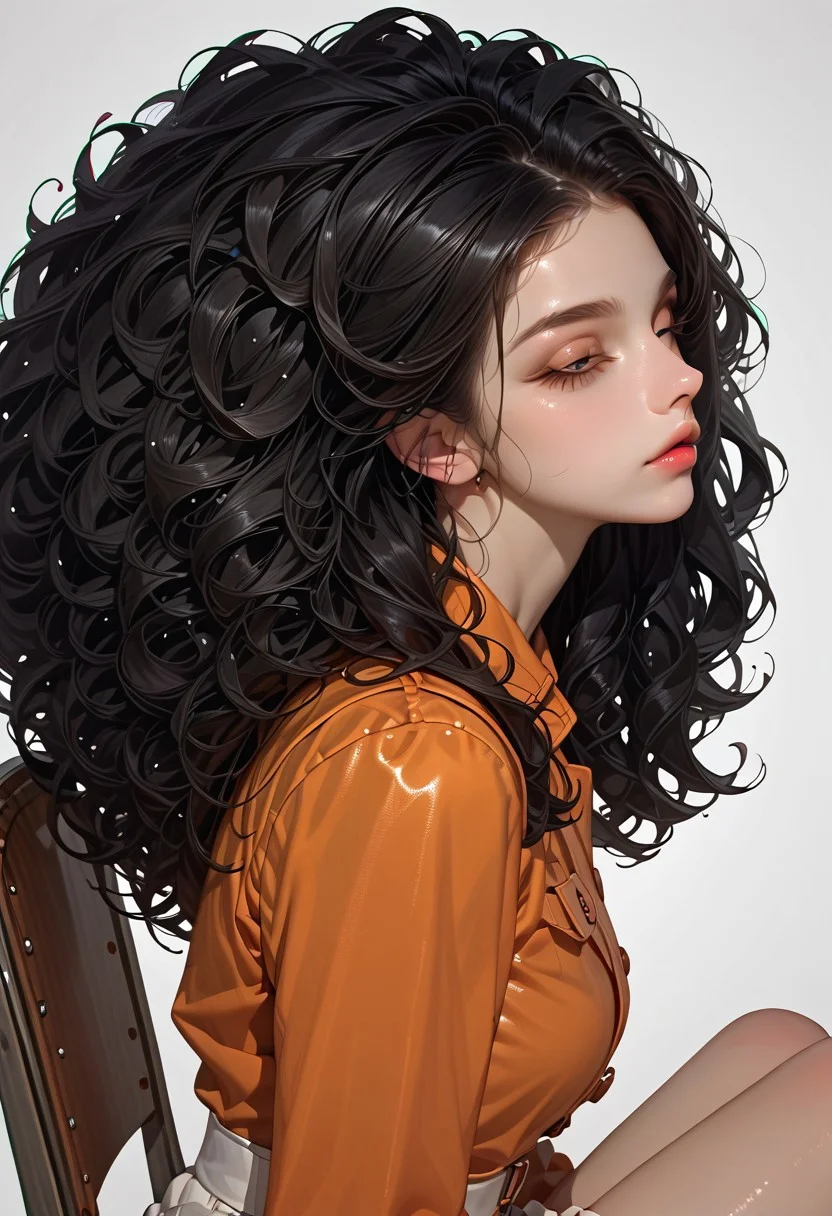score_9, score_8_up, score_7_up, Expressiveh, source_anime, detail face,  morimee_style, jsyu_style,
1girl, amazing quality, best quality, incredibly absurdres, highres, masterpiece, newest, (big hair:1.4), black hair, curly hair, sitting on a orange leather chair, metallic tunnel, metallic color palette, (from side:1.4), neon light, reflective, white microskirt,